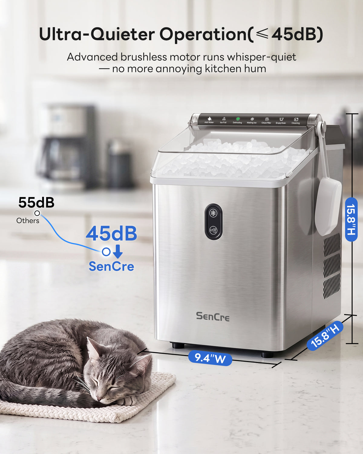 Nugget Ice Maker Countertop,55LBS/Day Ready in 4 Mins, Stainless Steel
