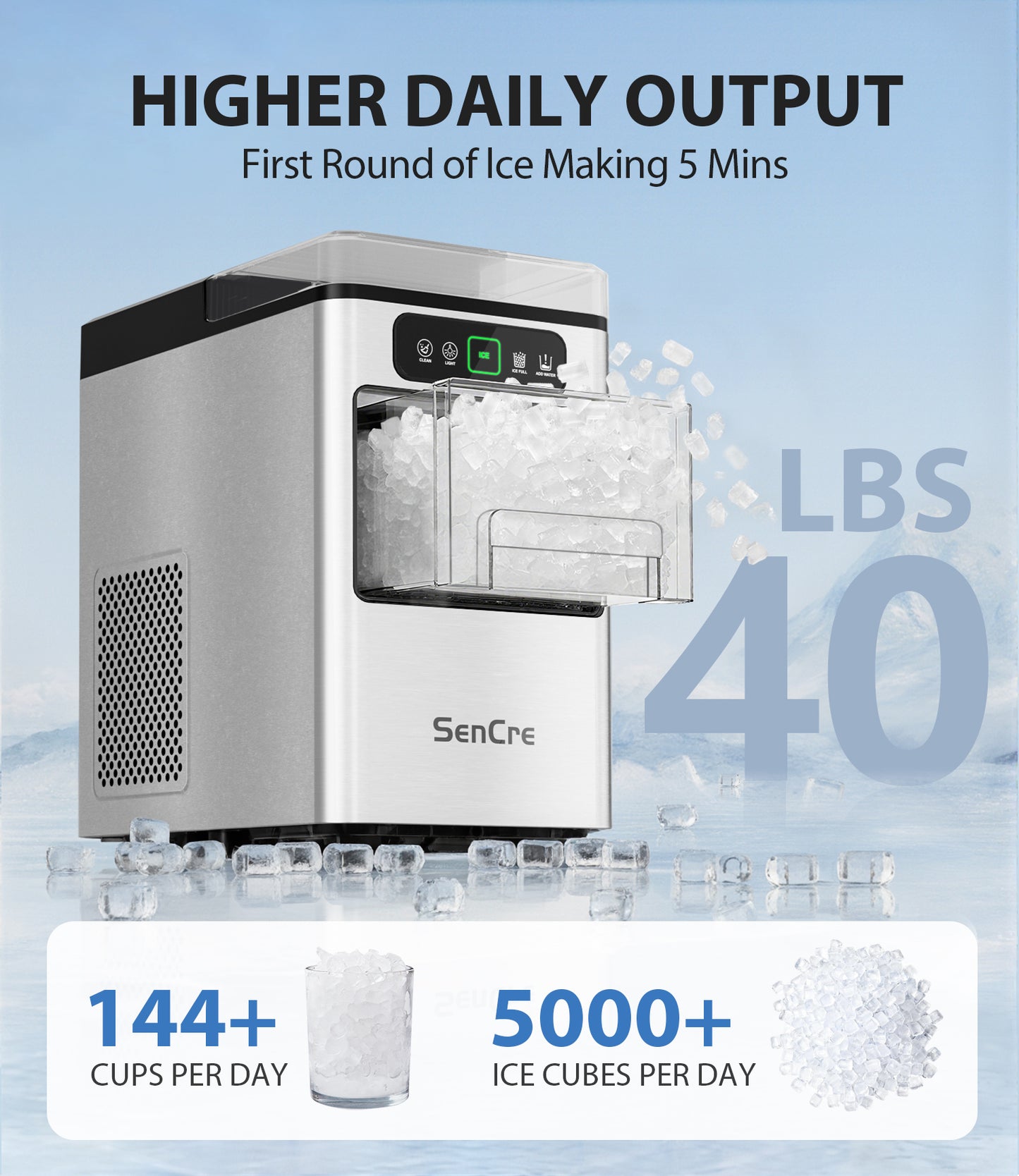 Nugget Ice Maker 40lbs/Day, Countertop Ice Maker Soft Chewable Ice